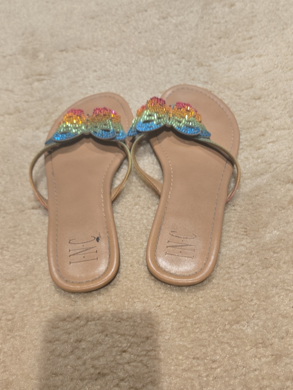 INC International Concepts Rainbow Beaded Tan Slide Sandals